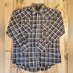 Plains Western Wear Men's Long Sleeve Plaid Shirt L Pockets Pearl Snap Buttons